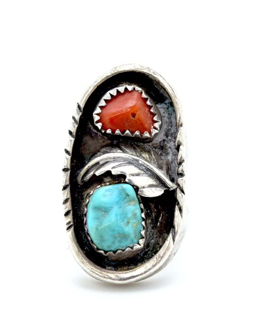 Native American Turquoise Coral Sterling Silver Ring Size 6.5 (1 of 5)