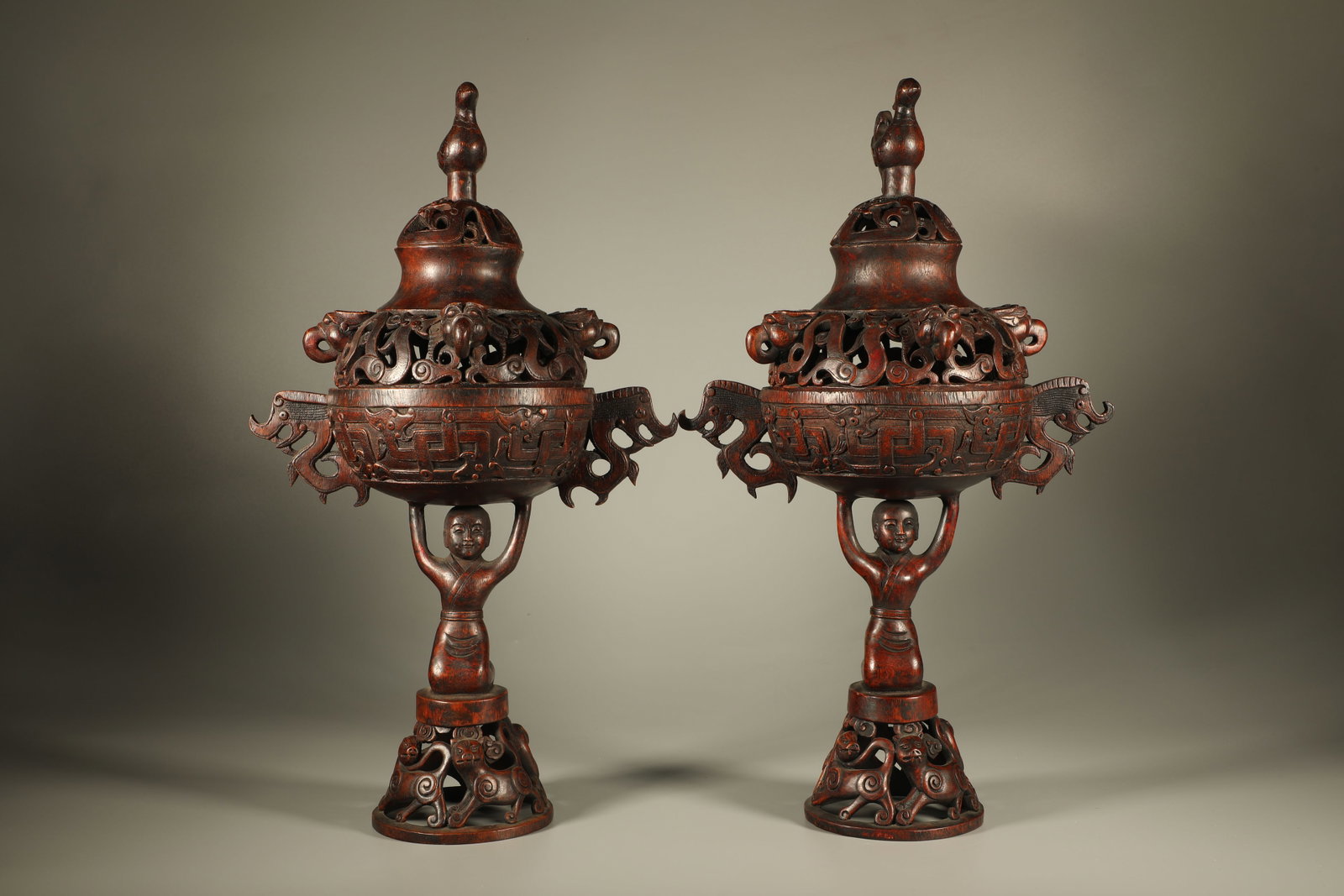 Pair of Agarwood Carved Dragon Pattern Double Beast Ears Incense Burner (1 of 8)