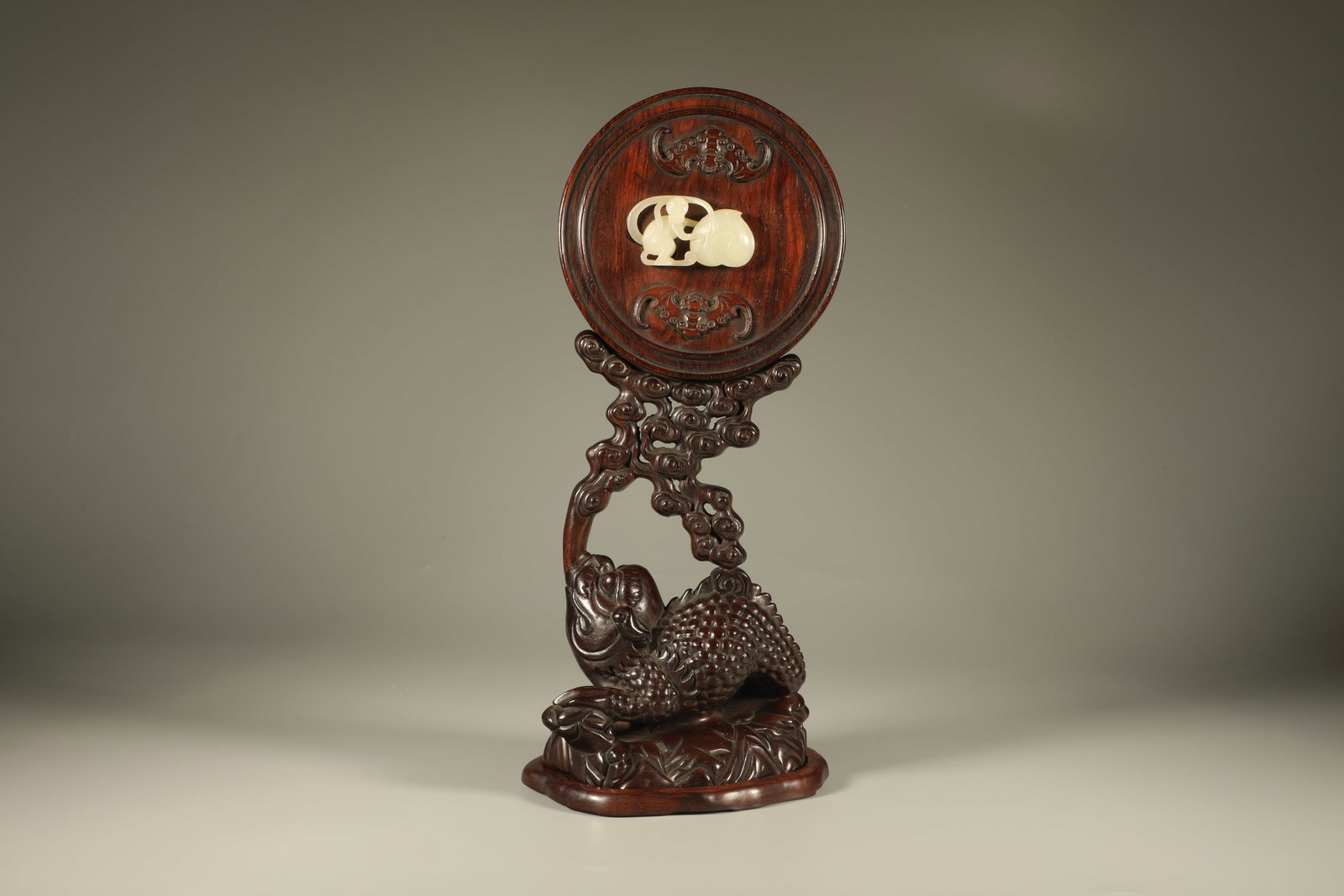 Huanghuali Wood Inlaid Monkey and Peach Pattern Toad Shape Figure (1 of 8)
