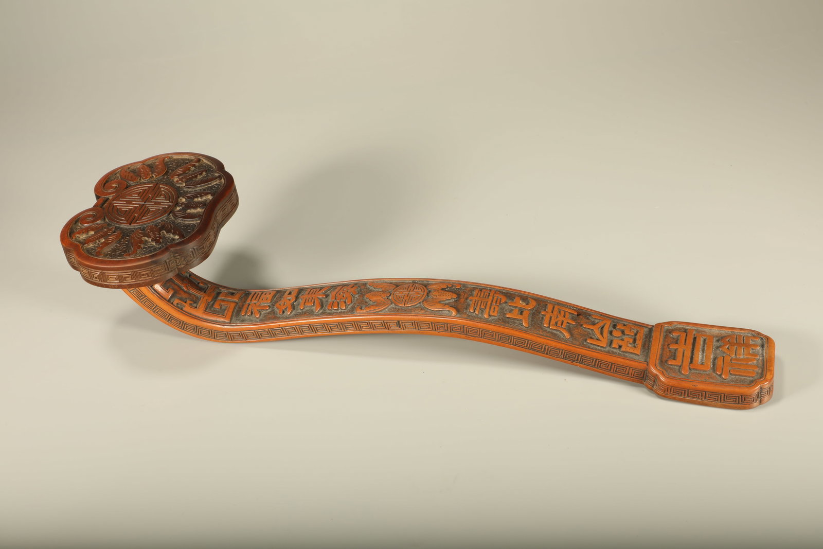 Boxwood Carved Bat and Shou & Poetry Pattern RuYi Ornament: Boxwood Carved Bat and Shou & Poetry Pattern RuYi Ornament (34.5 x 10.2cm)
