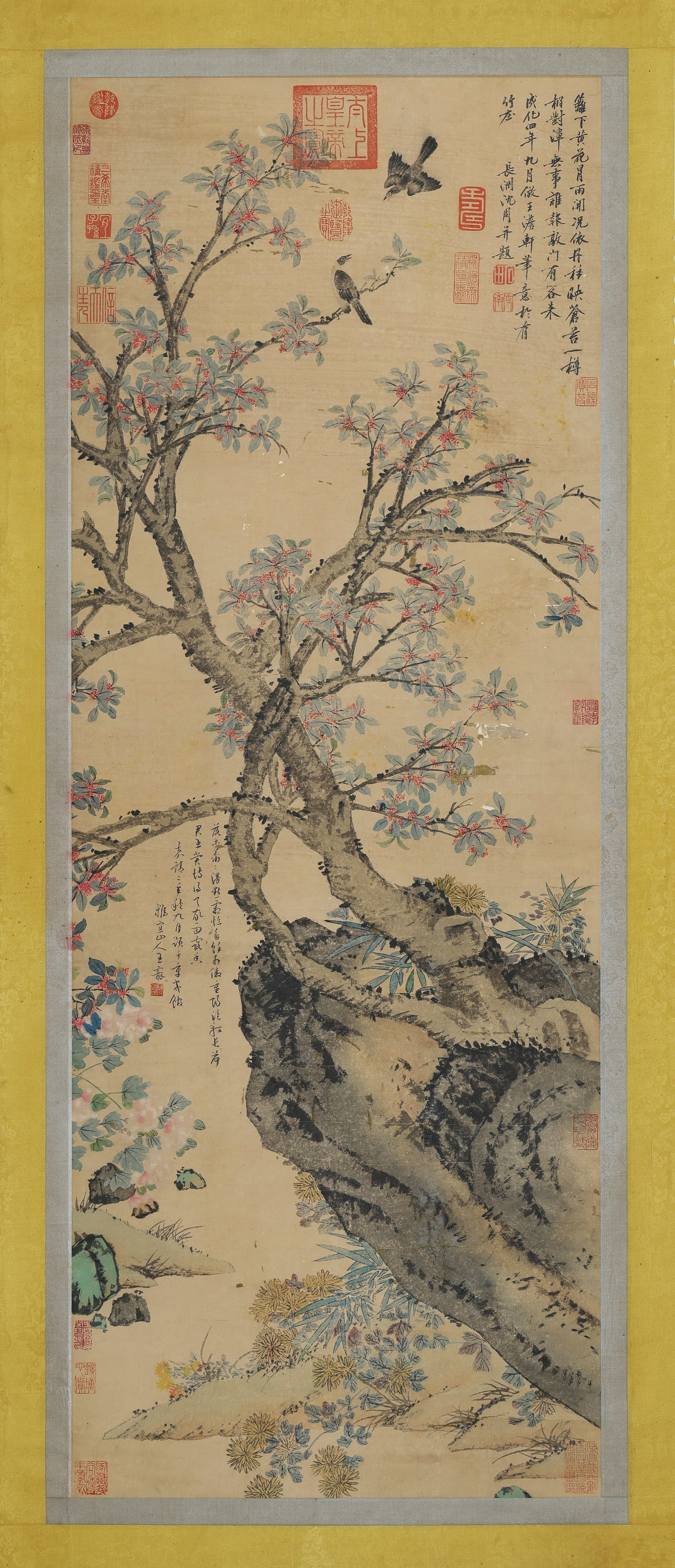 Chinese Drawing Flower and Bird Painting,Shen Zhou Mark: Chinese Drawing Flower and Bird Painting,Shen Zhou Mark (136 x 52cm)