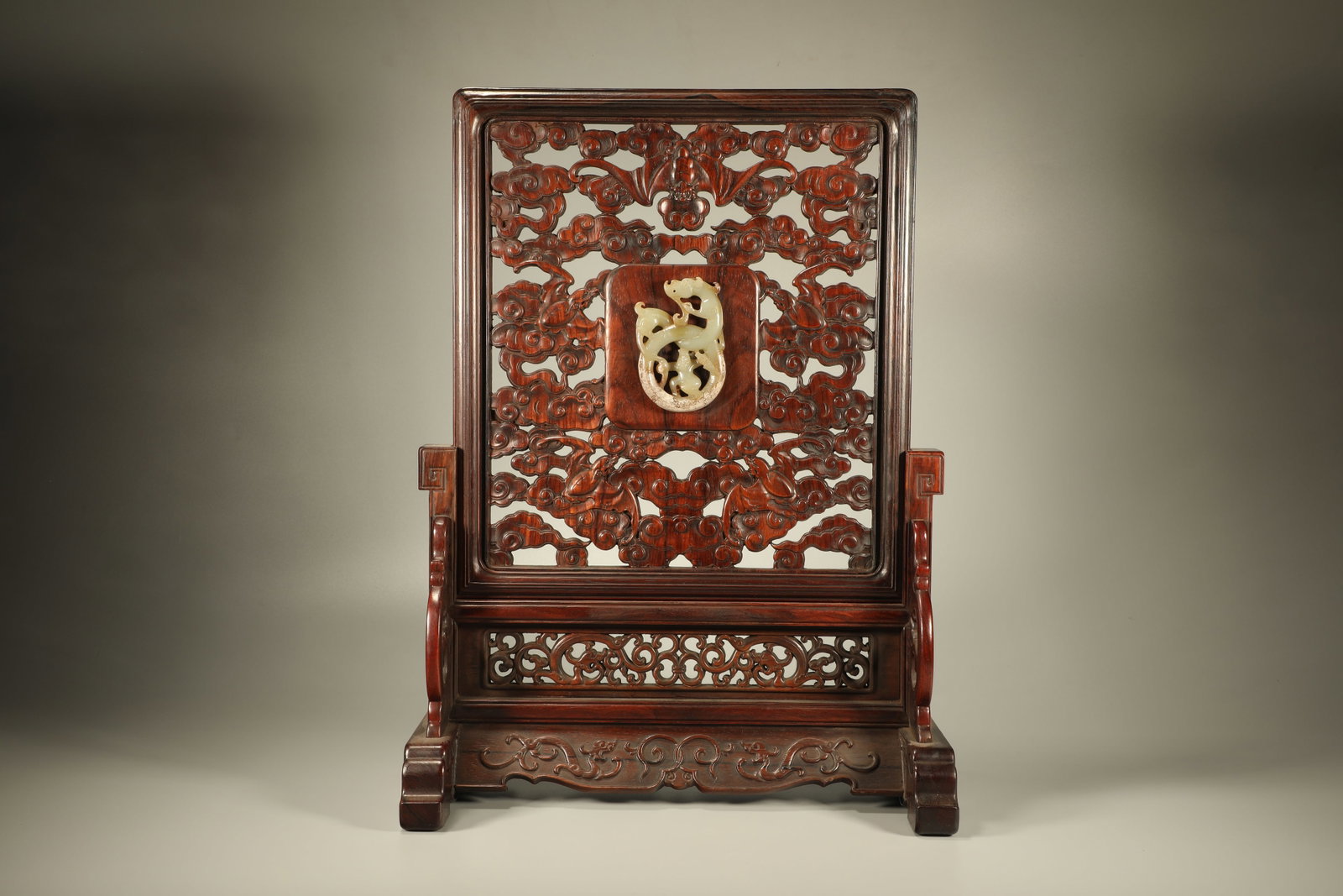 Huanghuali Wood Inlaid Jade Carved Dragon and Cloud & Bat Pattern Table Plaque (1 of 8)