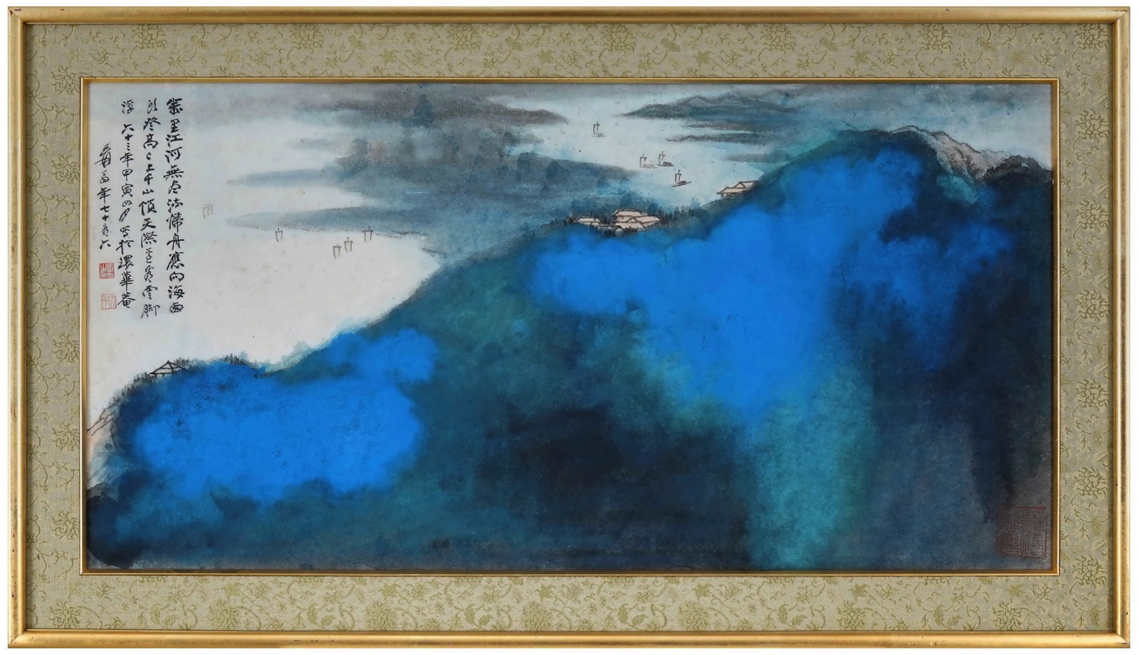 Chinese Drawing Colored Landscape Painting Wood Frame,Zhang Daqian Mark: Chinese Drawing Colored Landscape Painting Wood Frame,Zhang Daqian Mark (112 x 64cm)
