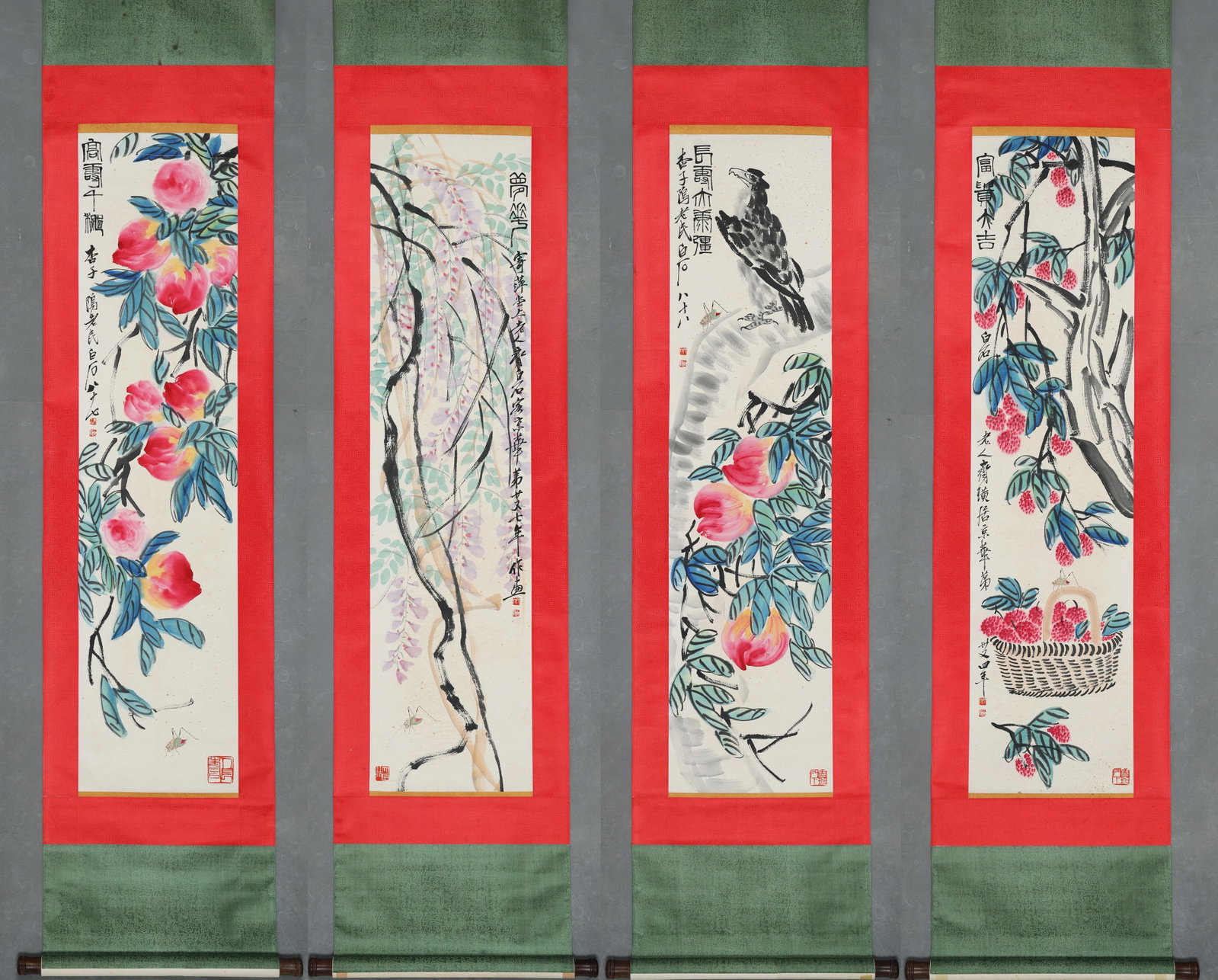 Group of Four Chinese Drawing Flower and Peach Painting,Qi Baishi Mark (1 of 10)