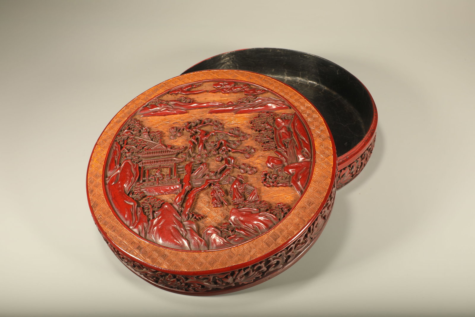 Lacquerware Red Carved Landscape and Character Story Pattern Lid Box: Lacquerware Red Carved Landscape and Character Story Pattern Lid Box (21.6 x 7.3cm)