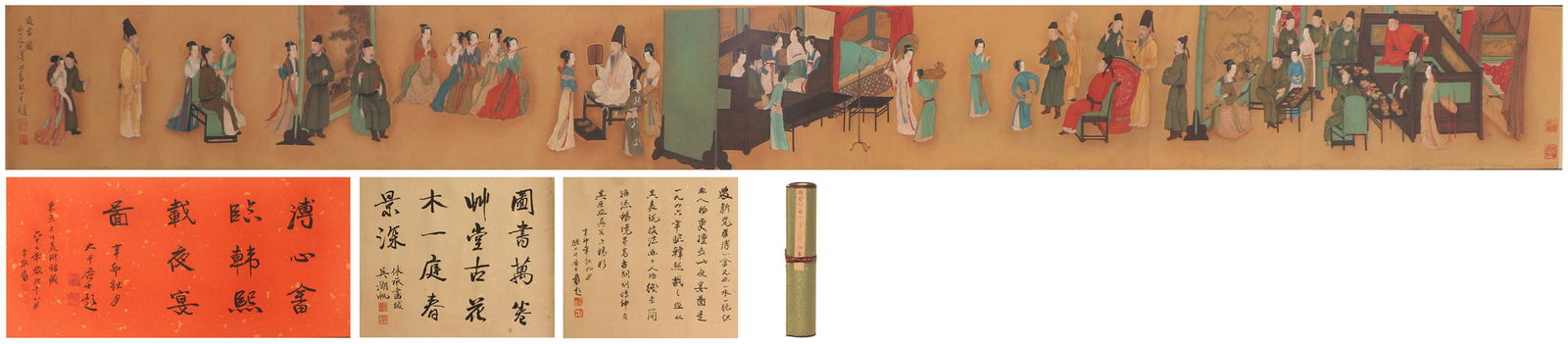 A CHINESE SCROLL PAINTING DEPICTING A BANQUET: Image only size 324 cm by 31 cm.