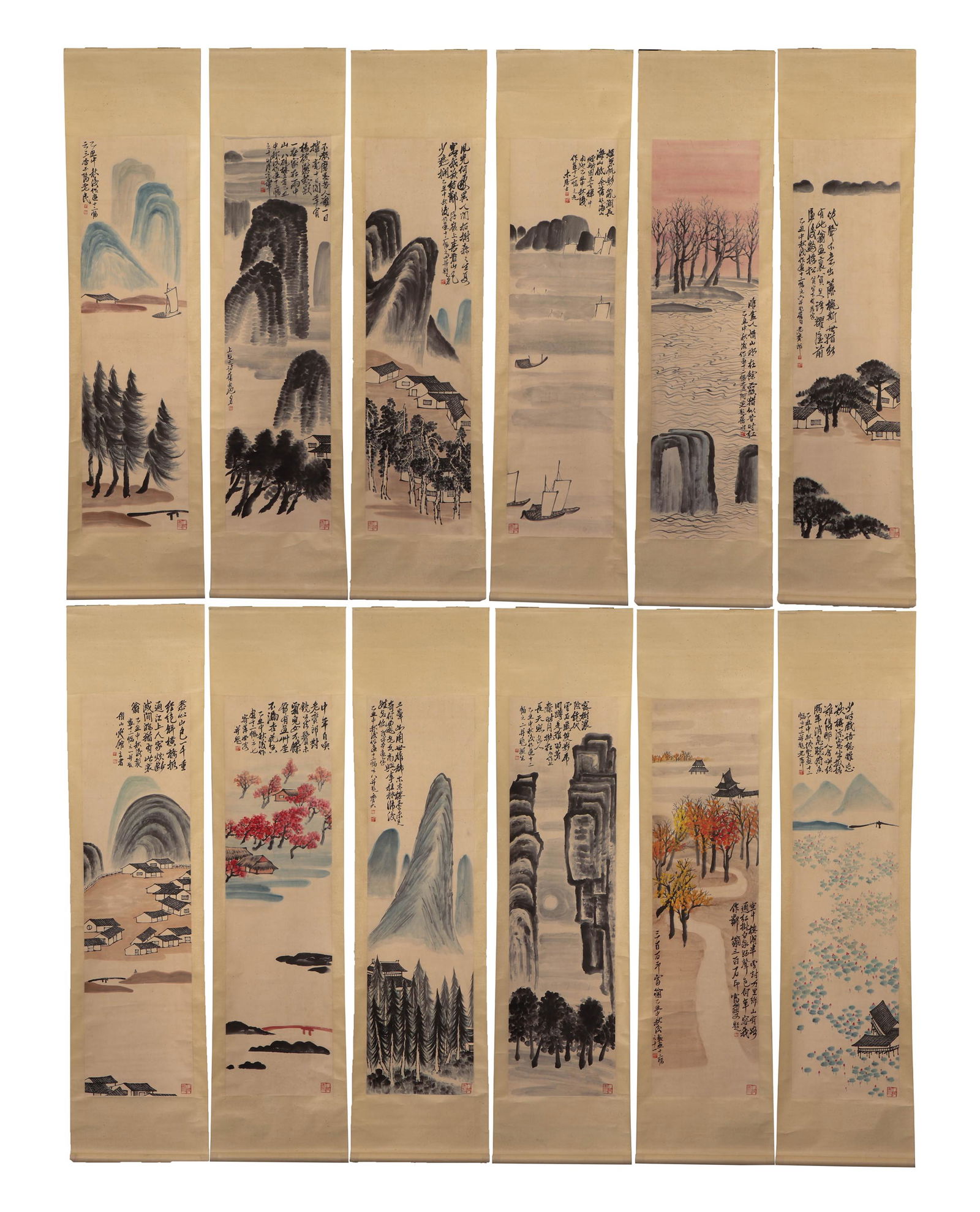 TWELVE CHINESE SCROLL PAINTINGS OF AUTUMN LANDSCAPE AND (1 of 13)