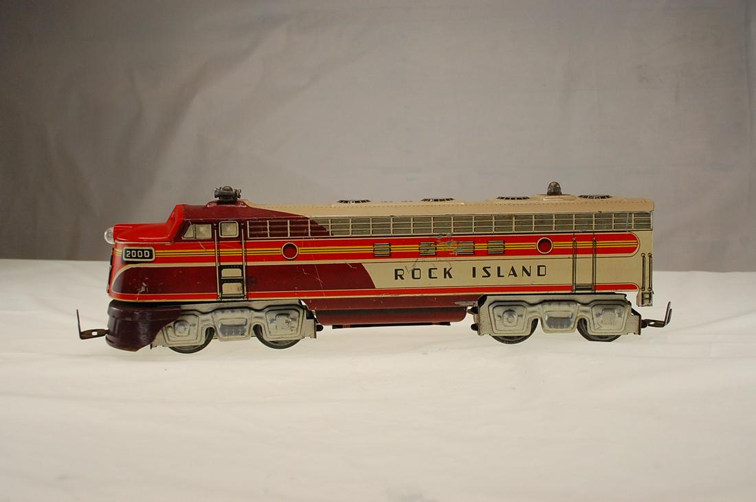 VINTAGE UNIQUE ART #2000 ROCK ISLAND A-A DIESEL ENGINE: Vintage Unique Art #2000 Rock Island A-A Diesel Engines Tin LithographVintage Unique Art #2000 Rock Island Diesel Engines Tin Litho made in the 1950's. This is a very nice clean set of lithographed "O