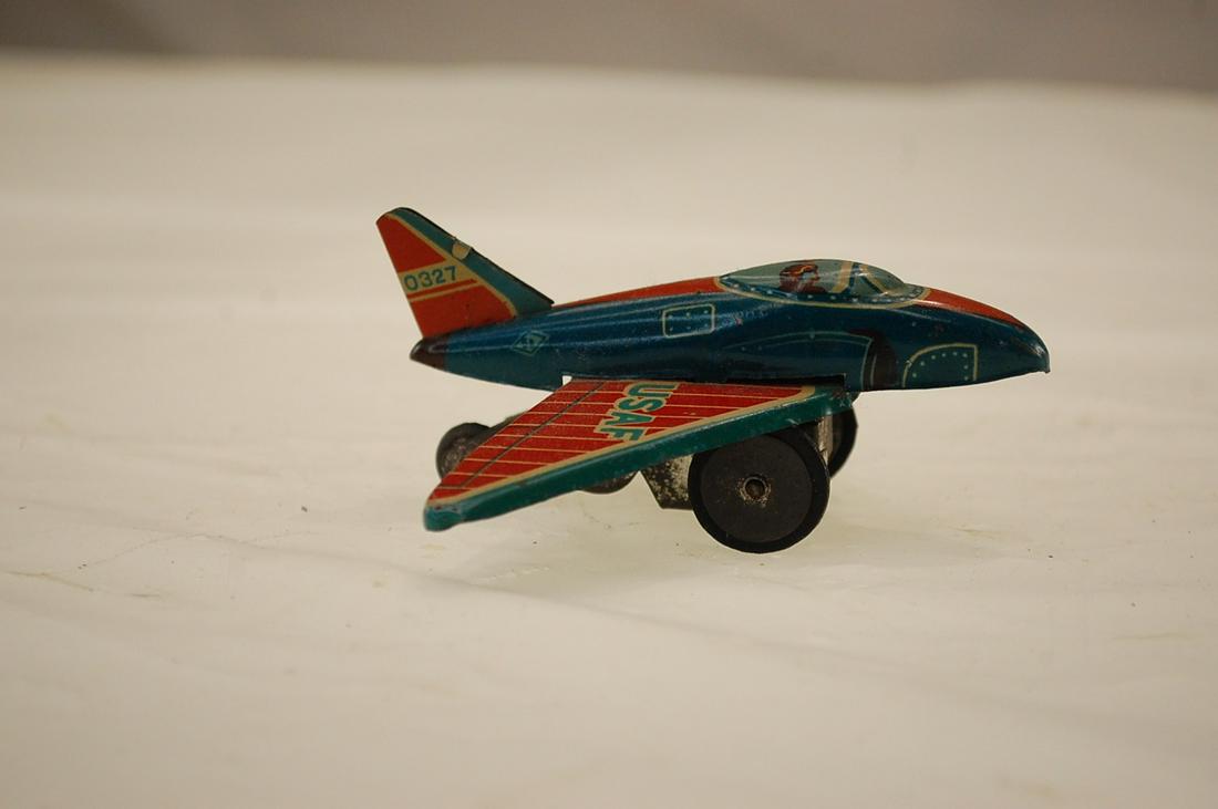 VINTAGE (S2 MADE IN JAPAN) USAF TIN TOY JET PLANE: VINTAGE (S2 MADE IN JAPAN) USAF TIN TOY JET PLANE FRICTION WHEELS WORK
