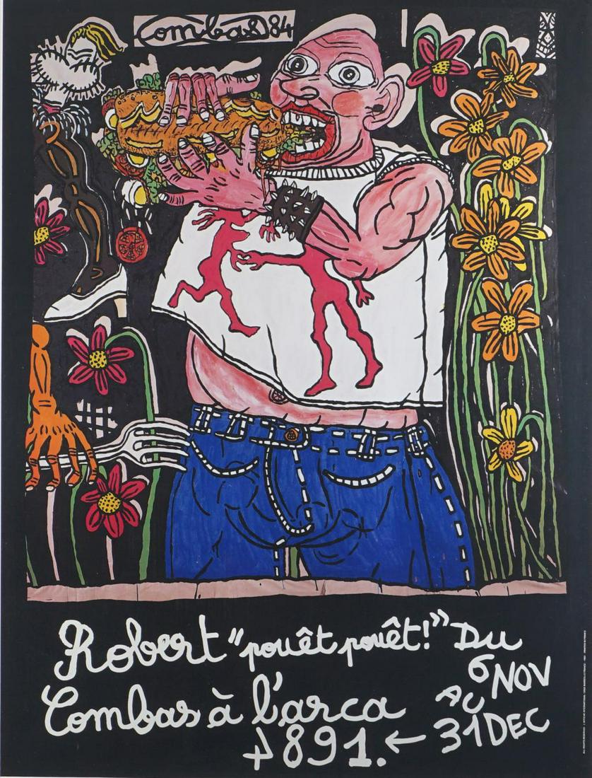 After Robert Combas, offset poster, "Sandwich Man" of: After Robert Combas, offset poster, "Sandwich Man" of "Pouet Pouet", 1984, printed by l'affiche international, Marseille, dim. 79 x 58 cm, chairity auction 'Vrienden van de Zorggroep, Project Verborge