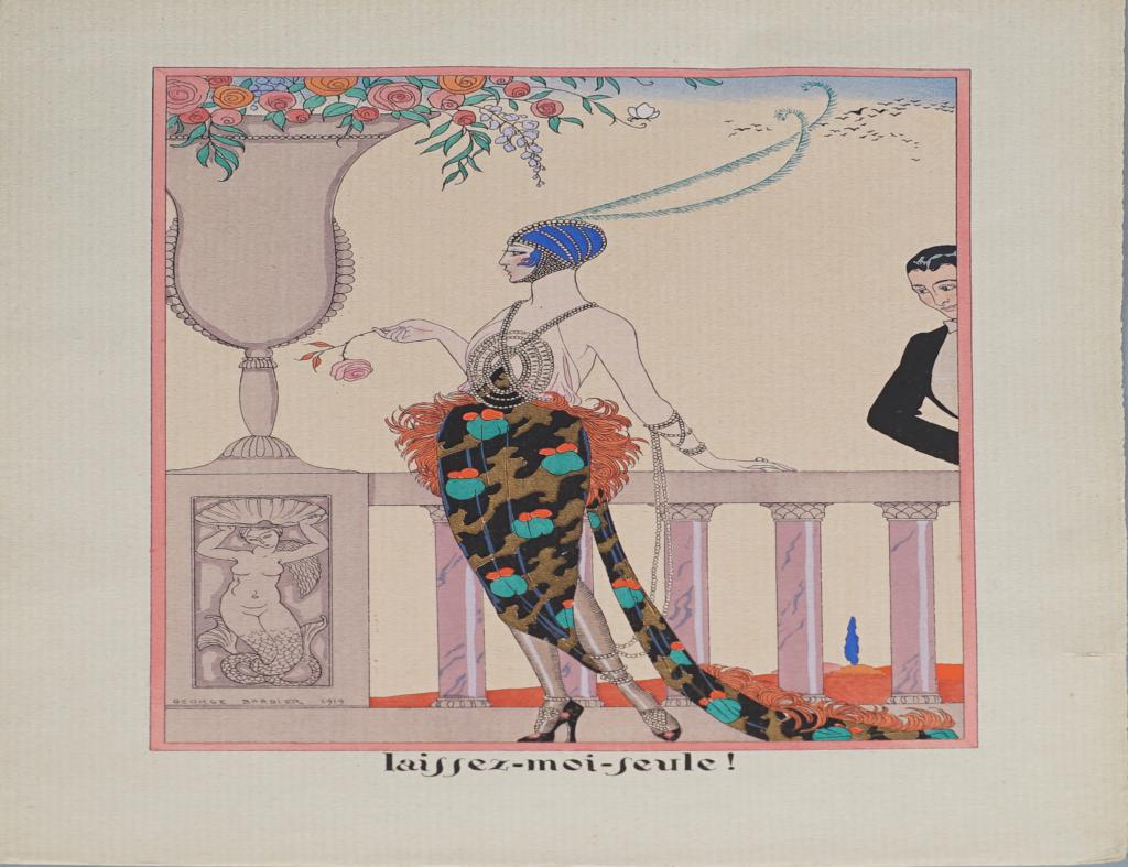 Georges Barbier (1882-1932), pochoir Laissez-moi seule!, published in 1919 as an illustration from: Georges Barbier (1882-1932), pochoir Laissez-moi seule!, published in 1919 as an illustration from Les Feuillets d'Art, dim. 33 x 25 cm, tear rim paper, Provenance: Gies Pluim Collection