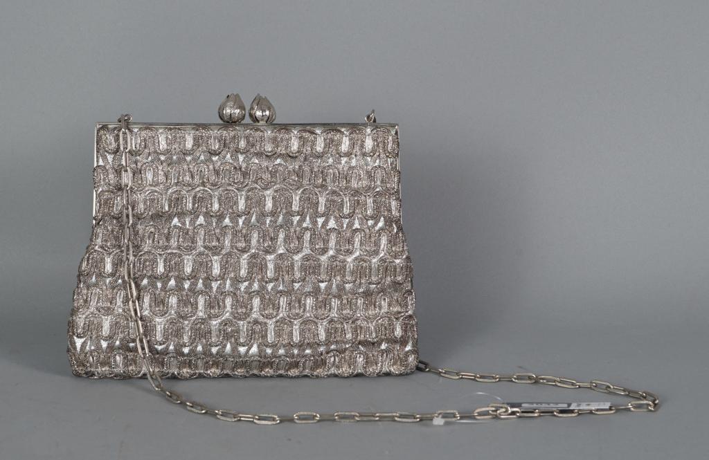 Vintage Guy Laroche evening purse, decorated with silver-coloured thread: Vintage Guy Laroche evening purse, decorated with silver-coloured thread