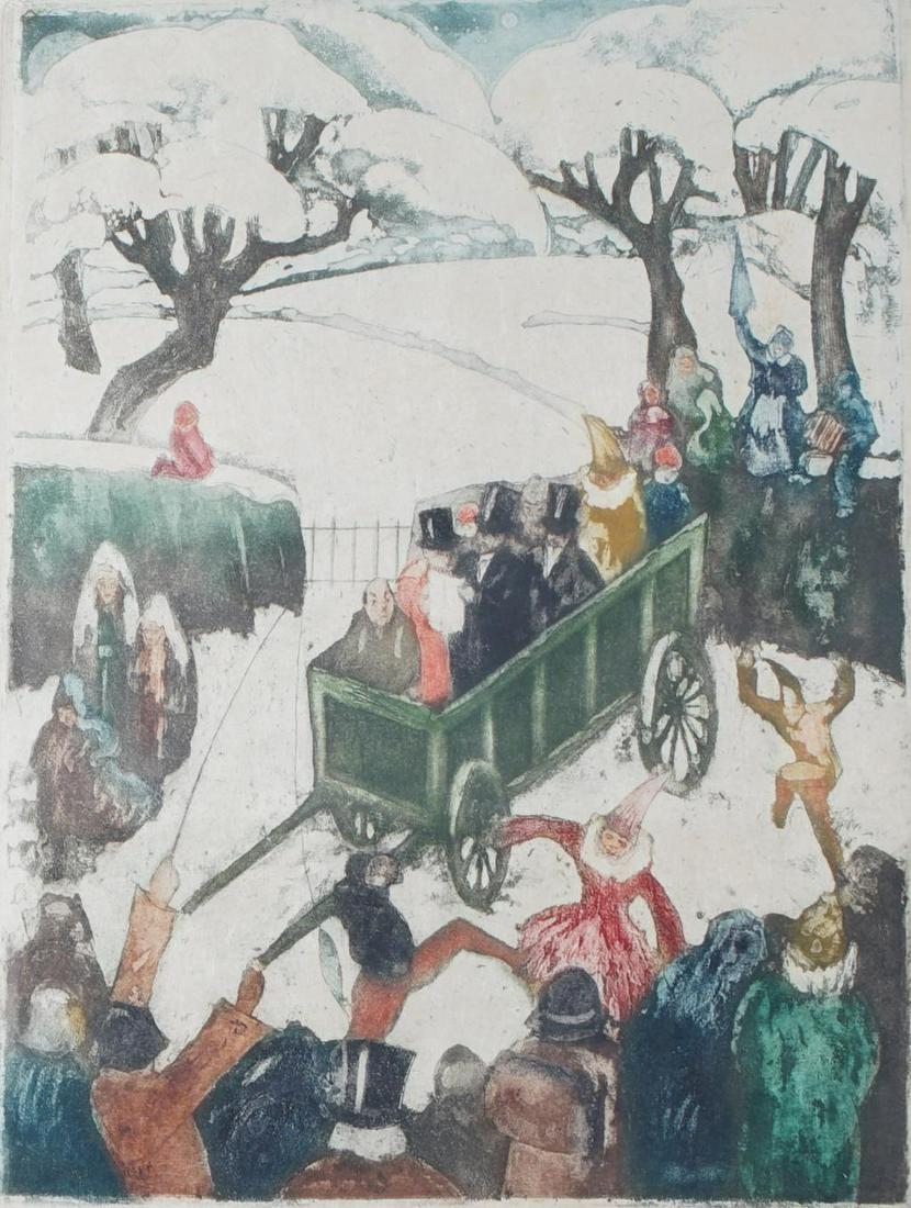 Fernand Verhaegen (1883-1975), etching, La Pasquee de Montigny, sig. b.r., 89/100, dim. 57 x 40 cm,: Fernand Verhaegen (1883-1975), etching, La Pasquee de Montigny, sig. b.r., 89/100, dim. 57 x 40 cm, passepartout discolored