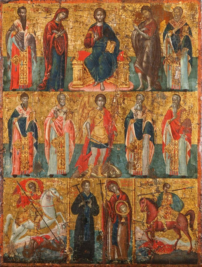Greek-Russian icon, approx. 1700-1750, DeÃ«sis (Christ, John the Baptist and Mary) as main theme,: Greek-Russian icon, approx. 1700-1750, DeÃ«sis (Christ, John the Baptist and Mary) as main theme, central to the composition Saint Michael, dim. 41.5 x 57 cm, Provenance: Sint Paulusabdij Oosterhout