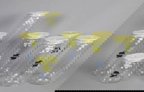 7 storage jars by Alessi 'Gianni', yellow, 1 with broken glass, h. 12-30 cm (7x): 7 storage jars by Alessi 'Gianni', yellow, 1 with broken glass, h. 12-30 cm (7x)