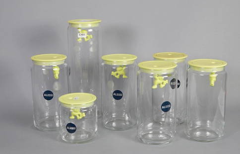 7 storage jars by Alessi 'Gianni', yellow, 1 with broken glass, h. 12-30 cm (7x): 7 storage jars by Alessi 'Gianni', yellow, 1 with broken glass, h. 12-30 cm (7x)