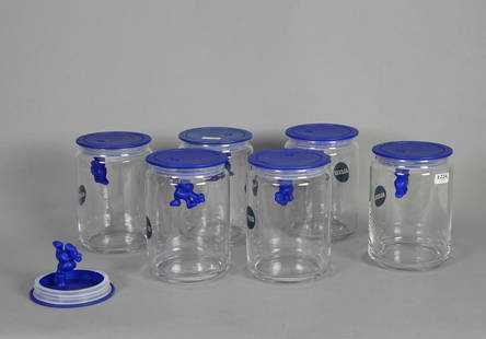 6 storage jars by Alessi 'Gianni', blue, lids worn, h. 15 cm (6x): 6 storage jars by Alessi 'Gianni', blue, lids worn, h. 15 cm (6x)