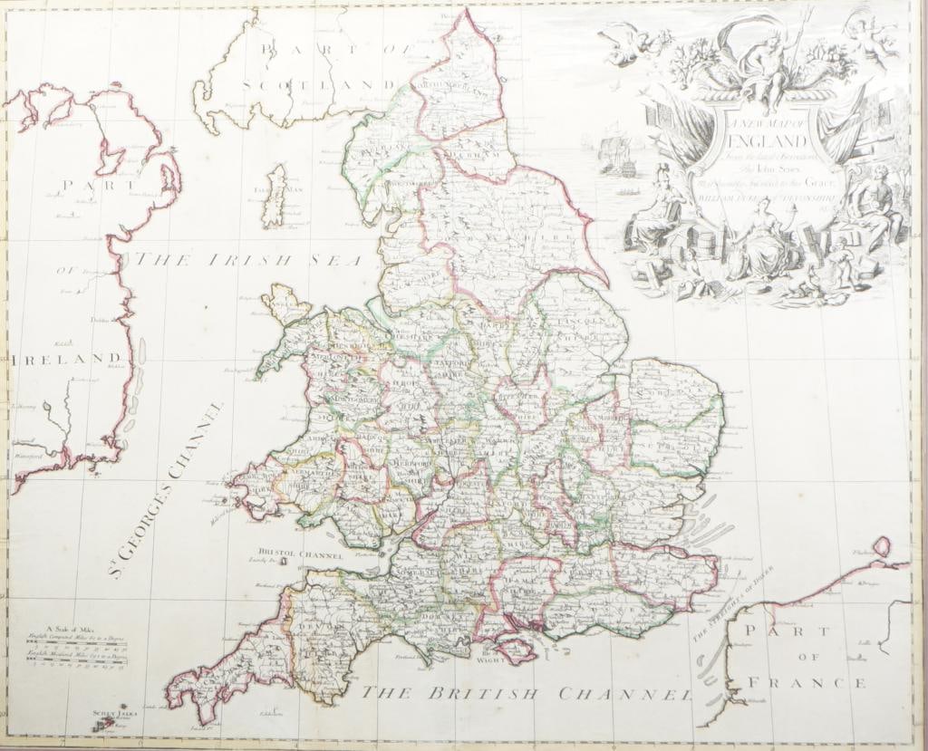 Coloured copper engraving, A New Map of England from the Latest Observation of John Senex, 18th: Coloured copper engraving, A New Map of England from the Latest Observation of John Senex, 18th century, dim. 52 x 61 cm (with frame 75 x 83 cm), some foxing