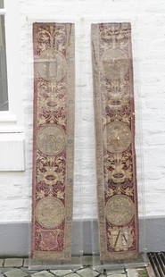 Two fragments of a choir mantle, probably Spanish, late 16th century, embroidered red velvet, gold: Two fragments of a choir mantle, probably Spanish, late 16th century, embroidered red velvet, gold thread or gilded silver thread embroidery, coat of arms and six roundels with Biblical scenes, includ