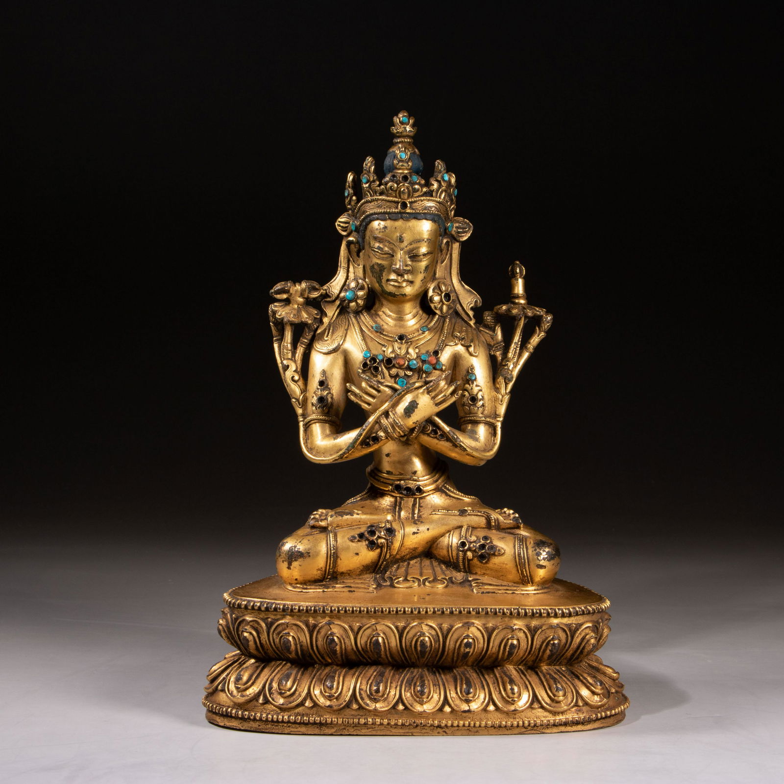 A Sino-Tibetan gilt bronze Vajrasattva, H 24 cm (1 of 9)