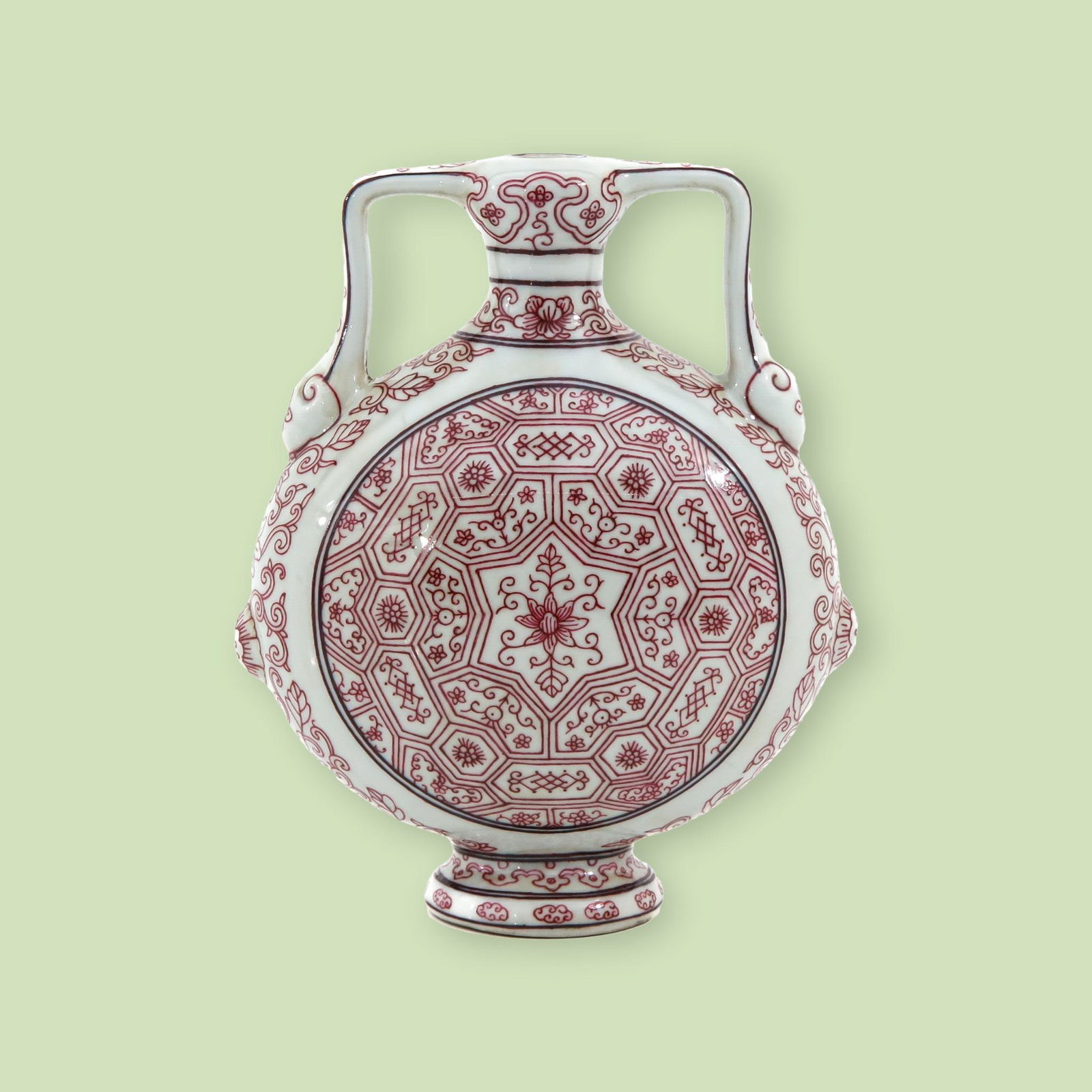 A Ming-style copper red decorated moon flask, paired with ruyi handles, Qianlong mark, Qing (1 of 7)