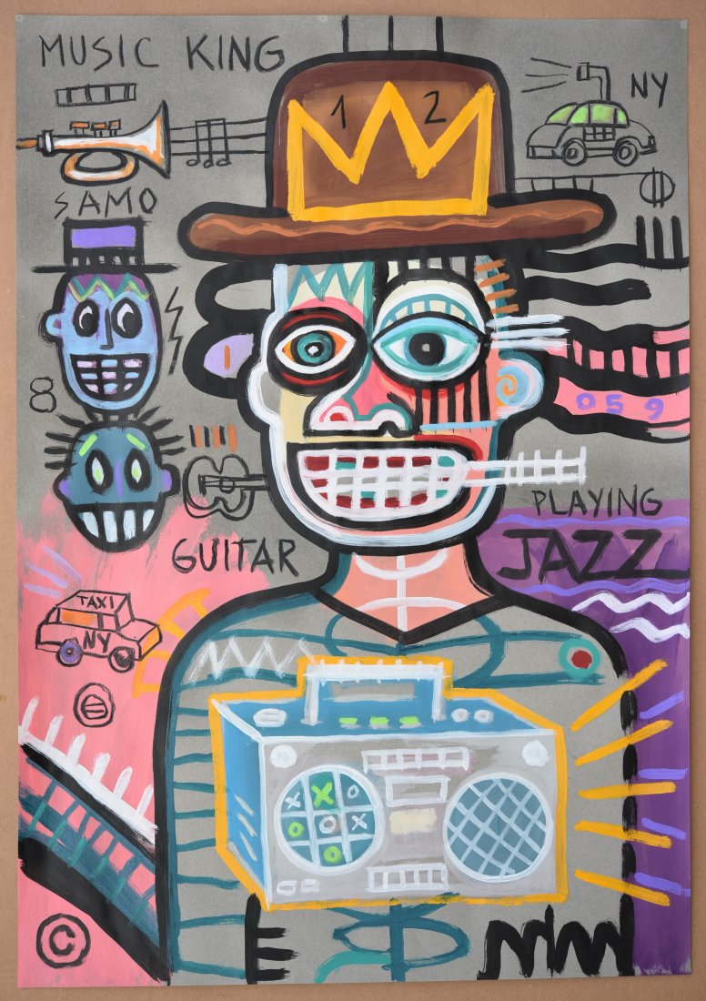 JEAN-MICHEL BASQUIAT PAINTING ON PAPER: IN THE STYLE OF JEAN-MICHEL BASQUIAT. UNFRAMED. MIXED MEDIA PAINTING ON PAPER. SIZE: 39 1/2 X 27 1/2 INCHES. APPROX