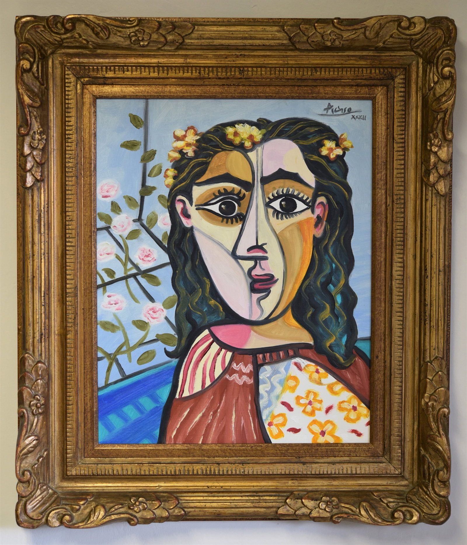 IN THE STYLE OF PABLO PICASSO (AFTER) OIL ON LINEN: IN THE STYLE OF PABLO PICASSO. PORTRAIT OF A WOMAN. OIL ON LINEN. PAINTING WITH ANTIQUE GOLD FRAME. PAINTING SIZE: 20 X 16 INCHES. FRAME SIZE: 28 1/2 X 24 1/2 INCHES APPROX.