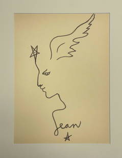 DRAWING IN THE STYLE OF JEAN COCTEAU (AFTER): IN THE STYLE OF JEAN COCTEAU (AFTER). INK DRAWING ON PAPER WITH MAT & BACKBOARD READY TO FRAME. SIZE: 14 X 11 INCHES APPROX.