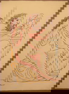 IN THE STYLE OF PABLO PICASSO.(AFTER) INK AND GOUACHE: IN THE STYLE OF PABLO PICASSO. INK AND GOUACHE PAINTING ON PAPER SIZE: 27 1/2 X 20 INCHES APPROX. UNFRAMED.