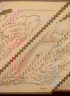 IN THE STYLE OF PABLO PICASSO.(AFTER) INK AND GOUACHE: IN THE STYLE OF PABLO PICASSO. INK AND GOUACHE PAINTING ON PAPER SIZE: 27 1/2 X 20 INCHES APPROX. UNFRAMED.