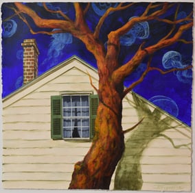 HOUSE & TREE  SURREALIST ACRYLIC ON PAPER PAINTING