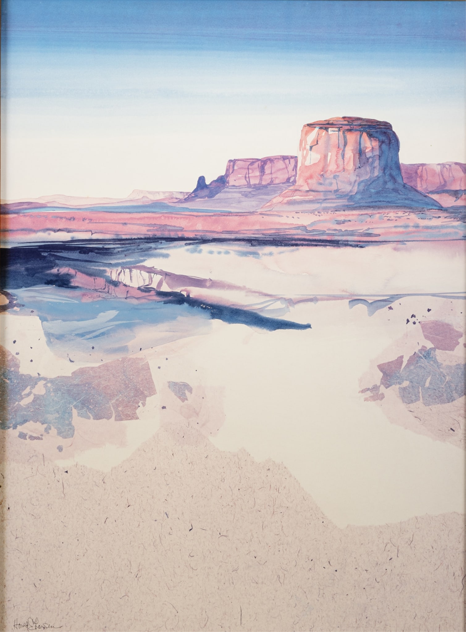 Harold E. Larsen (American, b. 1935): Southwest Monument Valley Landscape Watercolor/Collage on Paper Under Glass 33 H x 23.5 W inches (Sight) 44.5 H x 28.5 W x 3 D inches (Framed) Signed Bottom Left Condition: No apparent condition issue