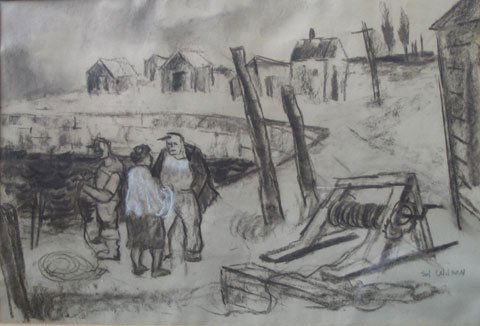 drawing Provincetown Fishing Scene: Artist: Sol Wilson Biography: (1896 - 1974) Studied at Cooper's Union, NAD, BAID, also with George Bellows, Robert Henri, G. Olinsky and G. Maynard. Exhibits include PAFA, NAD, AIC, MMA, Pepsi-Co