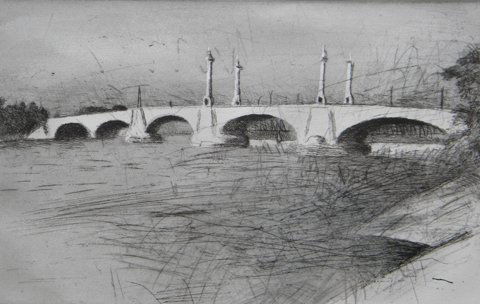 Wolf Kahn, Untitled Bridge , etching: Wolf Kahn, Untitled Bridge , etching, 8.75 x 13.75, slr, dated '82, numbered lower left 90/90 and also the penciled marking II lower left, Framing: black/glass, 17.25 x 21.175 About the Artist: Wolf K