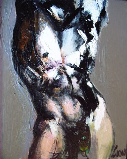 Painting, oil, Joann Corno, Canadian, Male Nude : Joann Corno, Terre de Feu, oil on canvas, 21 x 17, slr, titled verso, Yves Laroche Gallery label verso (Quebec), Framing: black, 23.25 x 19.25 About the Artist: Joann Corno Canadian and New York artis
