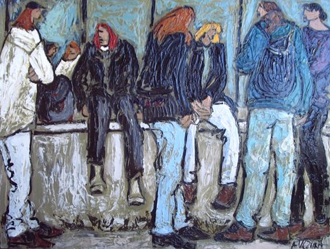 Painting, Canadian, Andree Vezina, oil: Andree Vezina, Untitled, oil on masonite, 31.175 x 41.175, slr, Yves Laroche Gallery label verso (Quebec), Framing: gilt wood and linen, 37 x 47 About the Artist: Andree Vezina (born 1952) Canadian. S