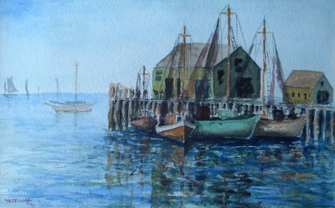 Painting, watercolor, Pier, M. B.S. Fleischer: M. B.S. Fleischer, Untitled Wharf, watercolor, 14 x 21, sll, dated 1948, Framing: bold gilt/glass/double matte, 22.75 x 32.5 About the Artist: M. B.S. Fleischer (20th century) Exhibited at Soc. Indp.,