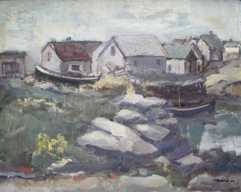 Painting, oil, signed Maril, Townscape: Maril, Untitled, oil on canvas board, 16 x 20, slr, , Framing: stained wood with inner gold lining, 19.75 x 23.75 About the Artist: Maril Unknown which Maril this is. It is not Herman Maril.