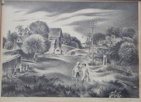 lithograph, l/e edition, Aaron Bohrod, Summertime: Aaron Bohrod, Summertime, limited edition lithograph, 10 x 13.25, slr in hand, Associated American Artists label with artist, title verso, Framing: stained wood/glass/stained matte, 14.875 x 18.75 Abo