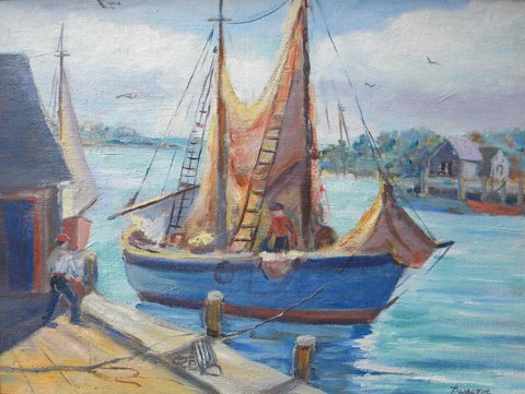 Painting, oil, P Hartig, Fishing Boat, Pier: P Hartig, Untitled Fishing Boat, Fishermen and Pier, oil on canvas board, 11.75 x 15.875, slr, Fuller's, New Bedford label verso, Framing: stained wood , 14.875 x 18.75 About the Artist: P Hartig Unkn