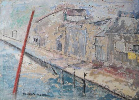 oil, Provincetown, Harbor, signed Herman Maril: Artist: signed "Herman Maril" Title: Untitled Medium: oil on canvas Art Size (H x W): 25 x 34 Signed: sll Notes: Frame Size (H x W): - Frame Style: none About the Artist: (1908-1986) Studied at Baltim