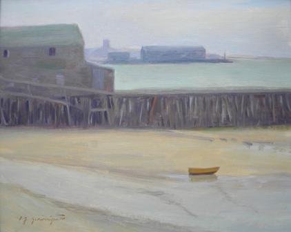 oil, Provincetown, Cold Storage Pier, E. Principato: Artist: Principato, Ernest Title: Cold Storage Pier, Provincetown Medium: oil on masonite Art Size (H x W): 18 x 22 Signed: sll Notes: titled verso Frame Size (H x W): 21.5 x 25.575 Frame Style: stain