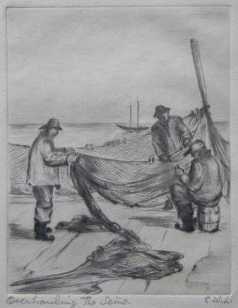 etching, E. W. Lindenmuth, Seine, Fishermen: Artist: Lindenmuth, Elizabeth Warren Title: Overhauling the Seine Medium: etching Art Size (H x W): 5.75 x 3.75 Signed: slr Notes: titled lower left, inscribed verso "A Remembrance of Cape Cod" Frame 