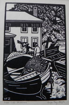 wood block, Provincetown, Viola Fay Zeyn, Cape Cod: Artist: Zeyn, Viola Fay Title: Cape Cod Shadows Medium: wood block print Art Size (H x W): 5.5 x 3.5 Signed: slr (in hand) and lower left (VFZ) in plate Notes: titled lower left Frame Size (H x W): 10