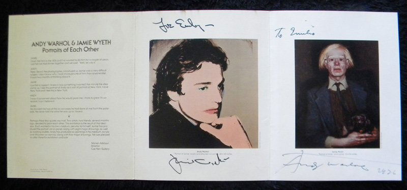 Andy Warhol and Jamie Wyeth Show Catalogue, Coe-Ker: Andy Warhol and Jamie Wyeth Show Catalogue, Coe-Kerr Gallery, NYC, June-July 1976, both signed by artists, newspaper article dated June 6, 1976 included, catalogue measures 10 x 8 folded (tri-fold), c