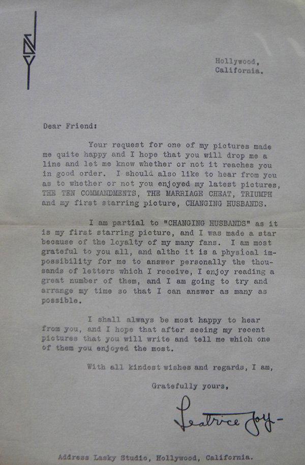 Leatrice Joy, signed typed letter, 20’s,: Leatrice Joy, signed typed letter, 1920’s, Facts: Leatrice Joy (1893–1985) American actress. She played opposite Mary Pickford in "The Pride of the Clan" in 1917 and by the 1920's, was becoming a