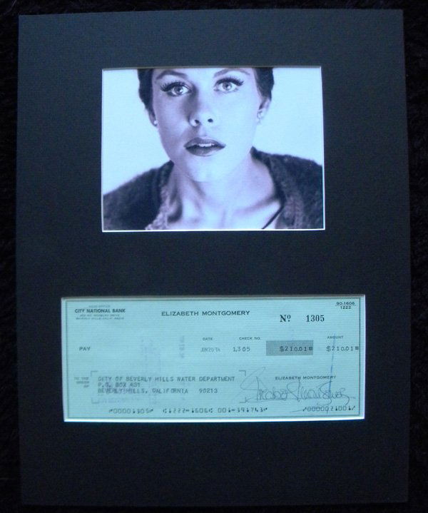 Elizabeth Montgomery and Beverly Hills check, 1974: Elizabeth Montgomery and Beverly Hills check, 1974, 11 x 14, Facts: (1933–1995) Television and Film actress. We all remember her most as Samantha in "Bewitched", the long running television series.