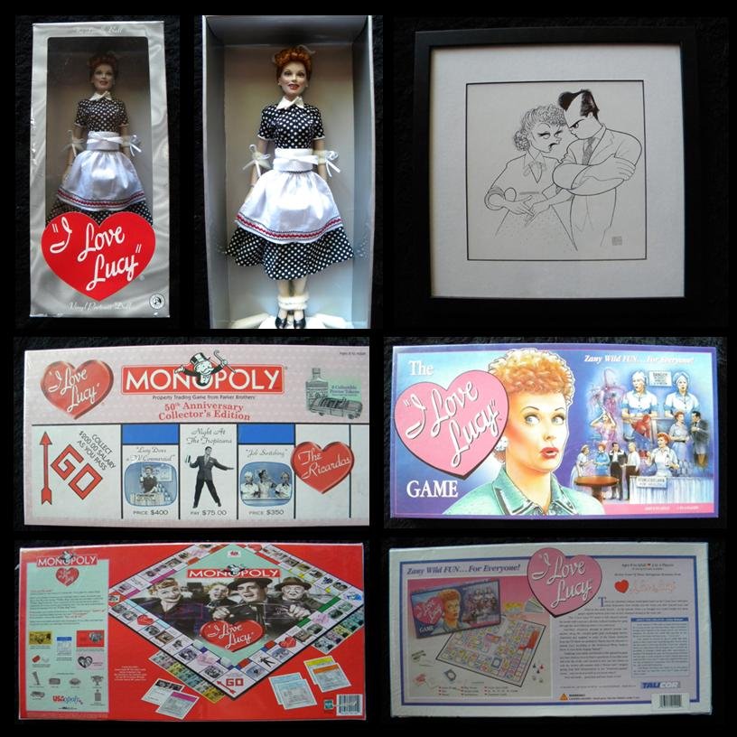 Lucille Ball "I Love Lucy" vinyl portrait doll (Fr: Lucille Ball "I Love Lucy" vinyl portrait doll (Franklin Mint) in box, 18.25 x 8.5 x 4.25 (box dimension), "I Love Lucy" game (by Talicor), "Monopoly- I Love Lucy" game board by USAopoly, both game bo