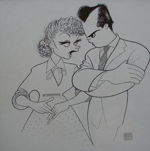 Al Hirschfeld etching of Lucy and Desi Arnaz, 8 x: Al Hirschfeld etching of Lucy and Desi Arnaz, 8 x 8, frame: 13.5 x 13.5, black frame/matte/glass, signed lower right in plate only, excellent condition, Facts: (1903-2002) Extremely well known caricat