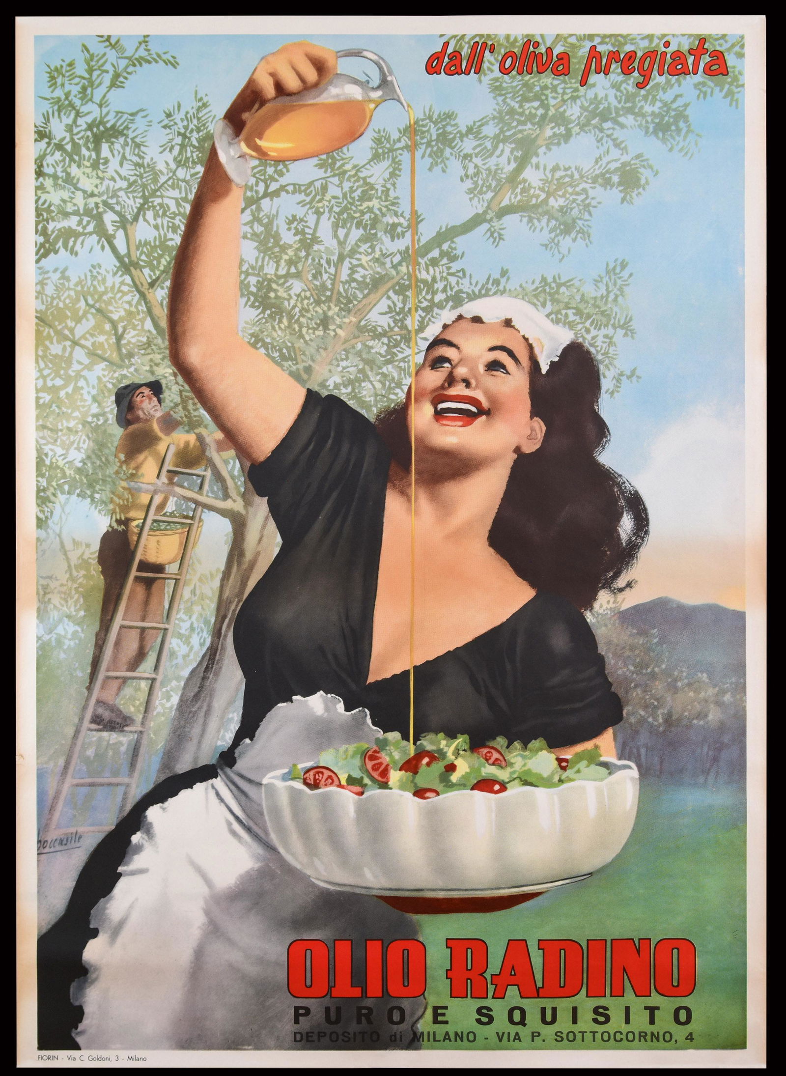 OLIO RADINO - VINTAGE POSTER by Gino Boccasile: Description Poster, offset print, IT around 1935, print: Fiorin, Milano. As for all items we sold in our antique advertising auctions over the past years, we guarantee the authentixity of this origina
